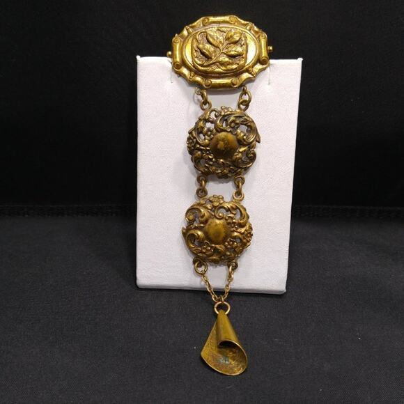 Vintage Brass Dangle Brooch 5.5" Long Filigree Panel Patina Finish Statement Pin - Picture 2 of 10